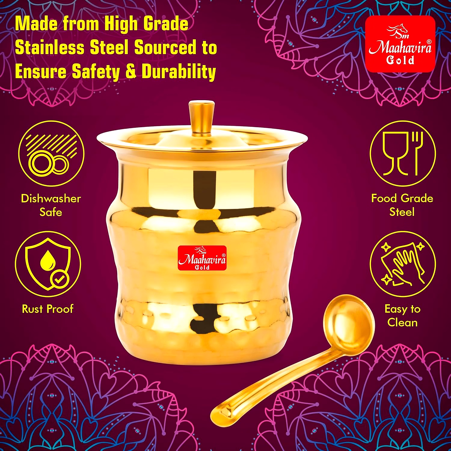 Maahavira Gold Coil Duster Stainless Steel Gold Coating Ghee Pot with Spoon, Oil Pot, Multipurpose Container, Leak & Drip Proof for Kitchen & Dining - 250ml image 4