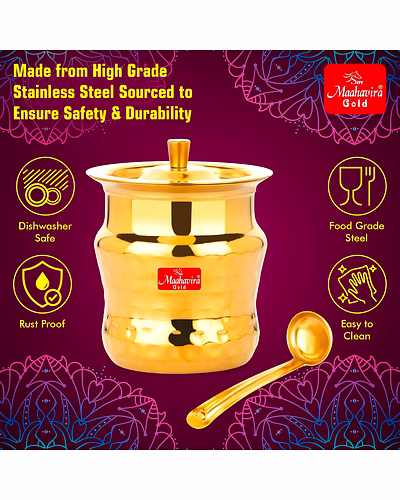 Maahavira Gold Coil Duster Stainless Steel Gold Coating Ghee Pot with Spoon, Oil Pot, Multipurpose Container, Leak &amp; Drip Proof for Kitchen &amp; Dining - 250ml-3