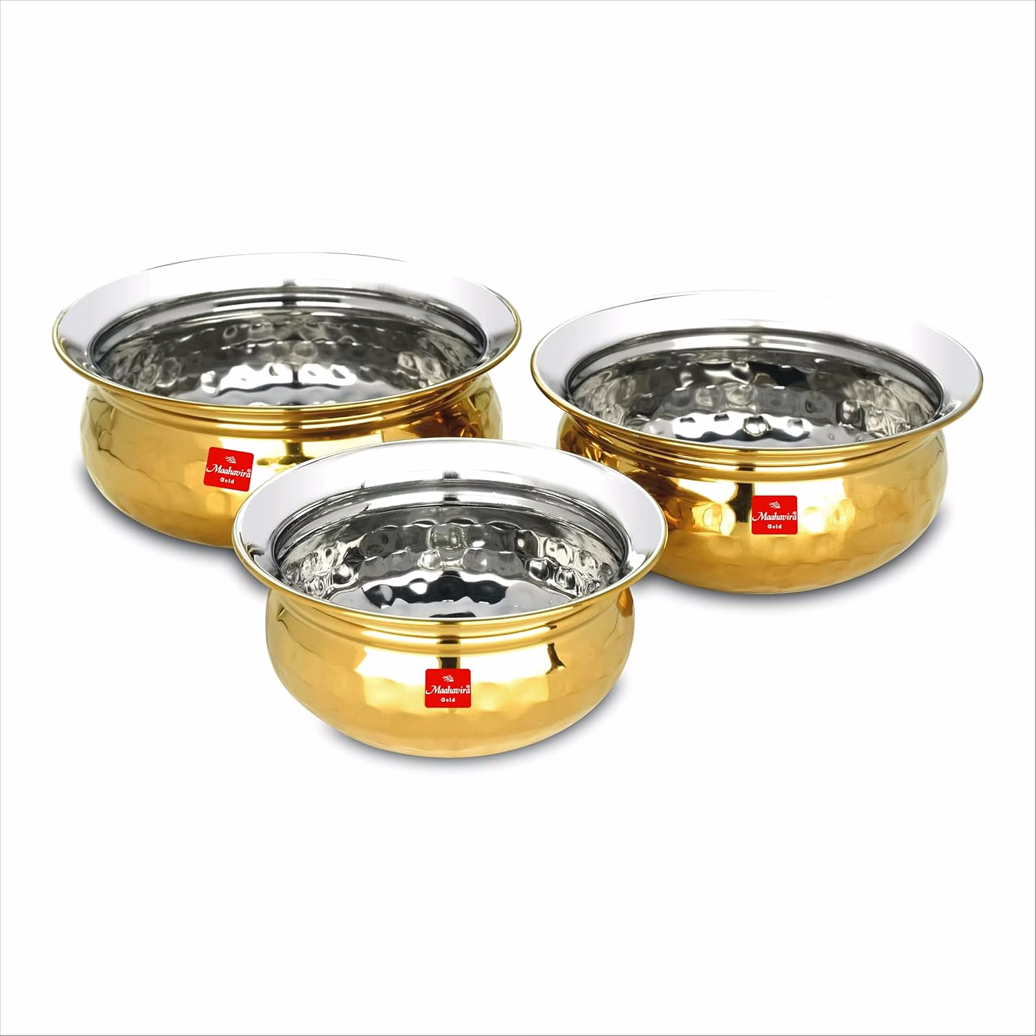 maahavira gold hammered handi set, stainless steel with pvd gold finish | 450ml, 650ml & 750ml | food grade, bpa free | 3 piece serving bowl set