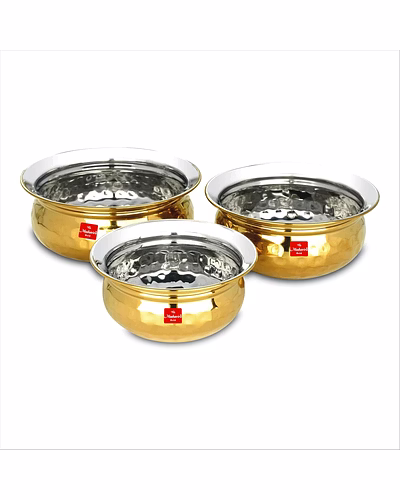 Maahavira Gold Hammered Handi Set, Stainless Steel with PVD Gold Finish | 450ml, 650ml &amp; 750ml | Food Grade, BPA Free | 3 Piece Serving Bowl Set-SJMT-HHPGF