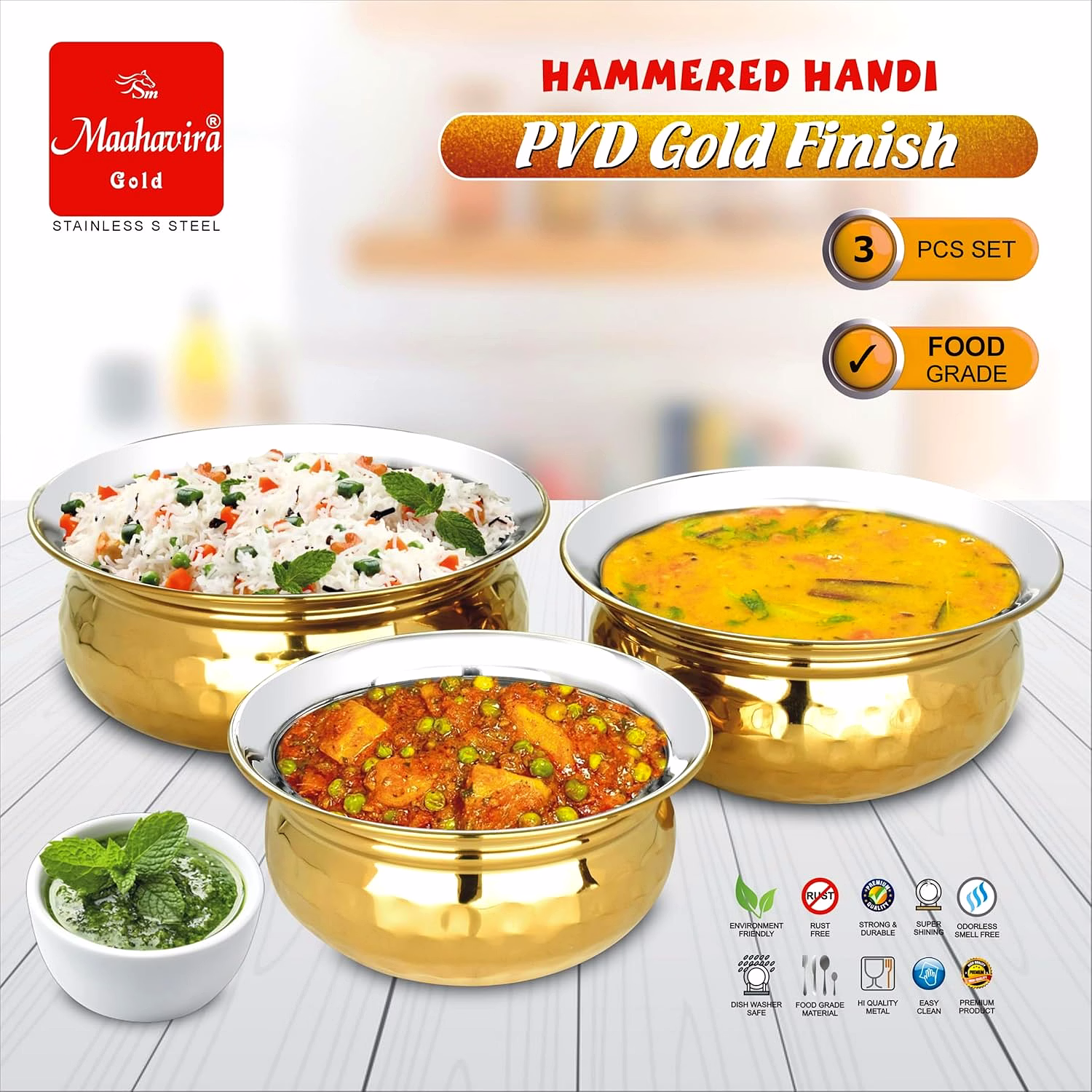 Maahavira Gold Hammered Handi Set, Stainless Steel with PVD Gold Finish | 450ml, 650ml & 750ml | Food Grade, BPA Free | 3 Piece Serving Bowl Set image 2