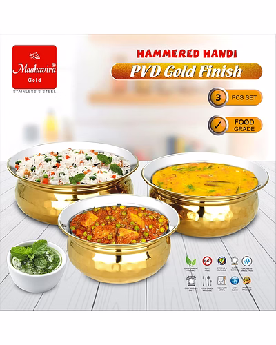 Maahavira Gold Hammered Handi Set, Stainless Steel with PVD Gold Finish | 450ml, 650ml &amp; 750ml | Food Grade, BPA Free | 3 Piece Serving Bowl Set-1