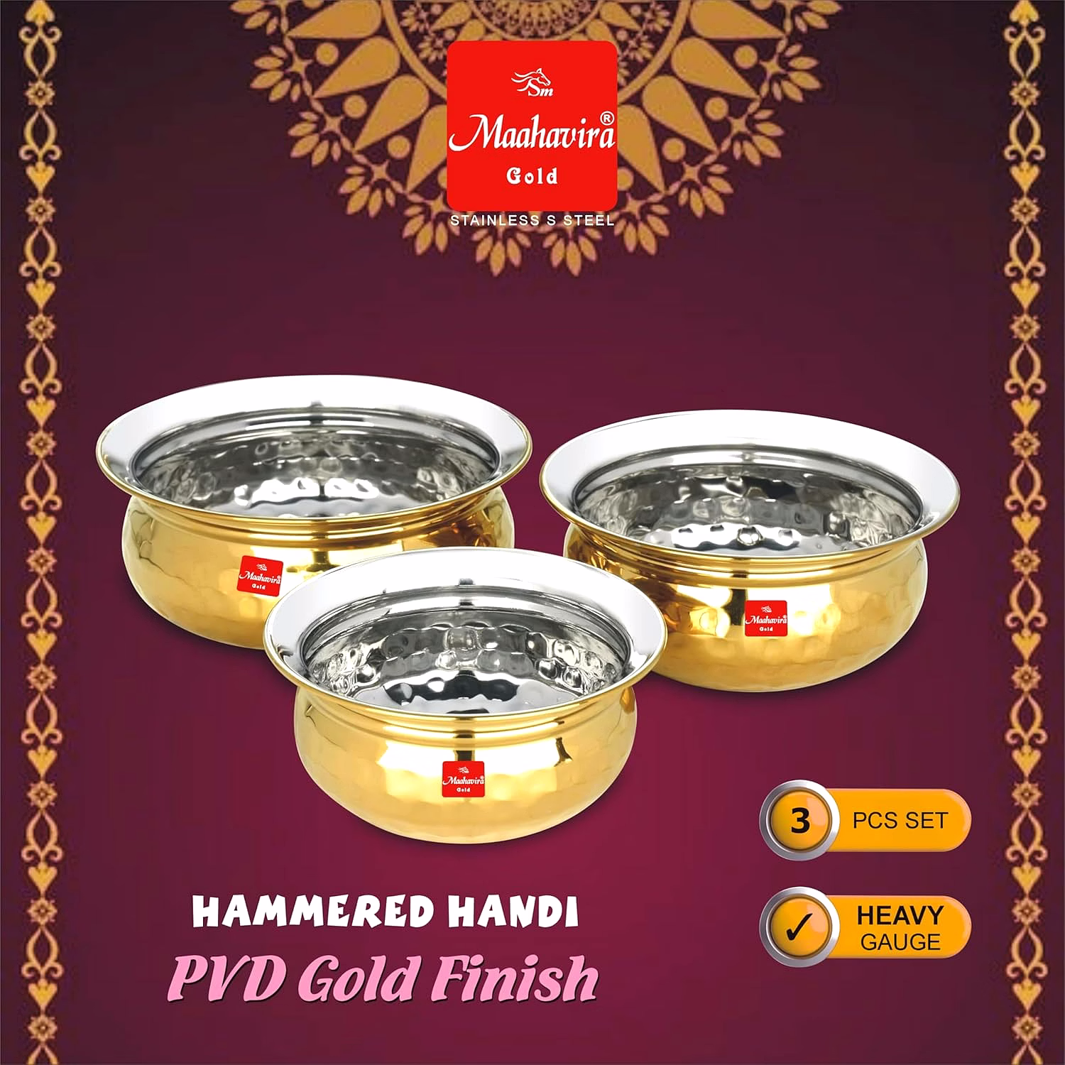 Maahavira Gold Hammered Handi Set, Stainless Steel with PVD Gold Finish | 450ml, 650ml & 750ml | Food Grade, BPA Free | 3 Piece Serving Bowl Set image 3