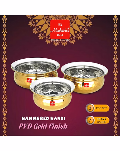 Maahavira Gold Hammered Handi Set, Stainless Steel with PVD Gold Finish | 450ml, 650ml &amp; 750ml | Food Grade, BPA Free | 3 Piece Serving Bowl Set-2