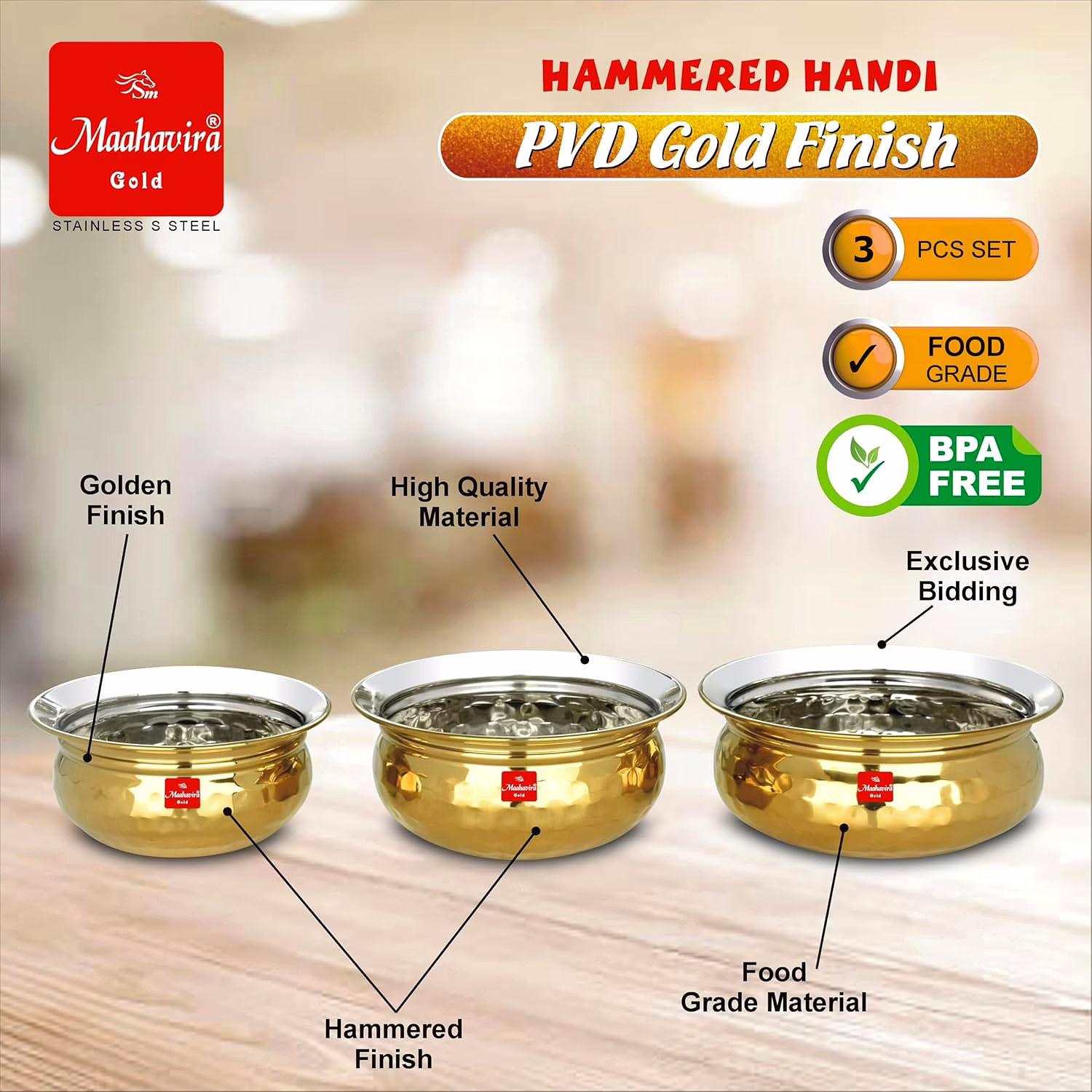 Maahavira Gold Hammered Handi Set, Stainless Steel with PVD Gold Finish | 450ml, 650ml & 750ml | Food Grade, BPA Free | 3 Piece Serving Bowl Set image 4