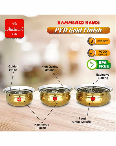 Maahavira Gold Hammered Handi Set, Stainless Steel with PVD Gold Finish | 450ml, 650ml &amp; 750ml | Food Grade, BPA Free | 3 Piece Serving Bowl Set-3