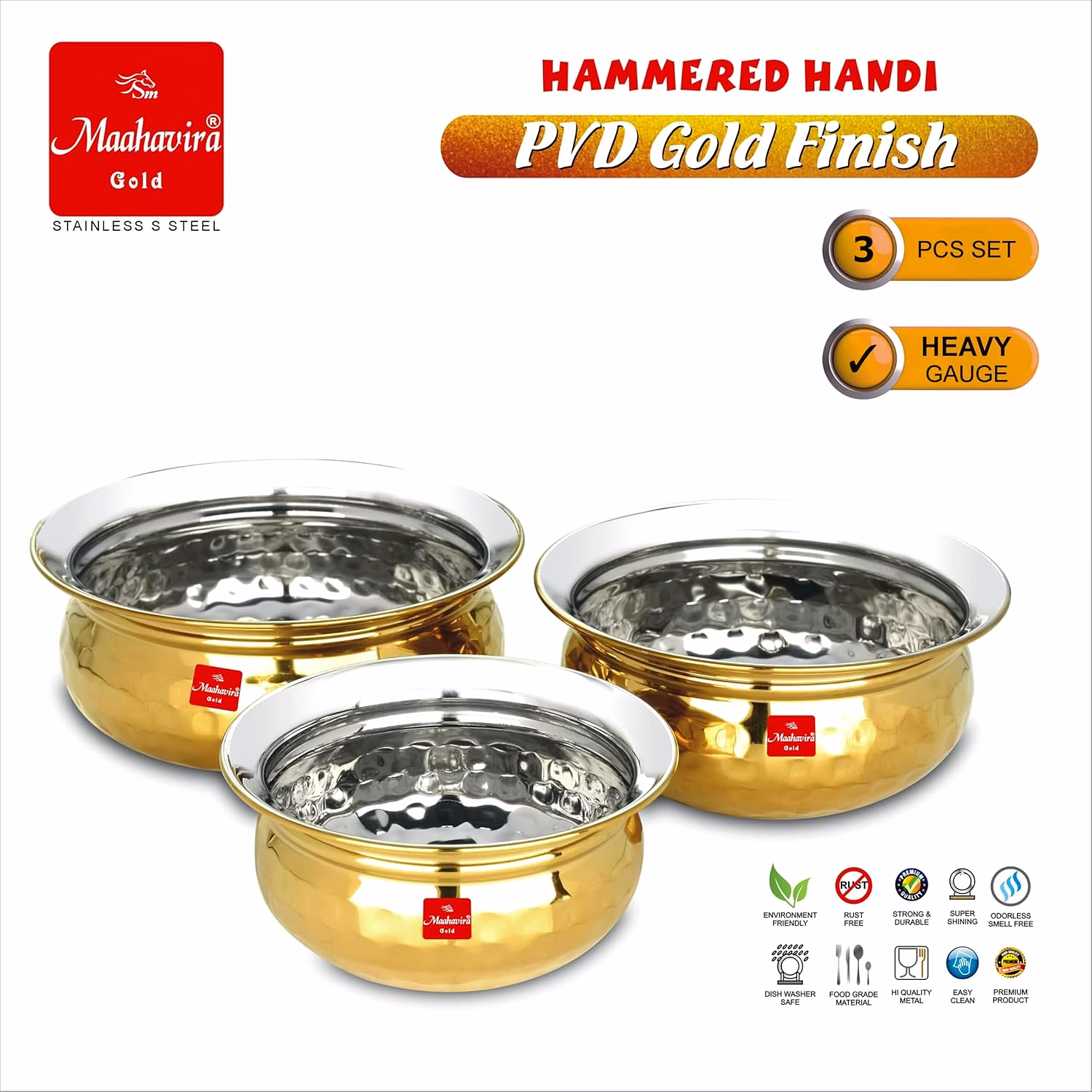 Maahavira Gold Hammered Handi Set, Stainless Steel with PVD Gold Finish | 450ml, 650ml & 750ml | Food Grade, BPA Free | 3 Piece Serving Bowl Set image 5