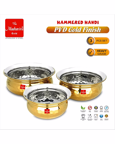 Maahavira Gold Hammered Handi Set, Stainless Steel with PVD Gold Finish | 450ml, 650ml &amp; 750ml | Food Grade, BPA Free | 3 Piece Serving Bowl Set-4