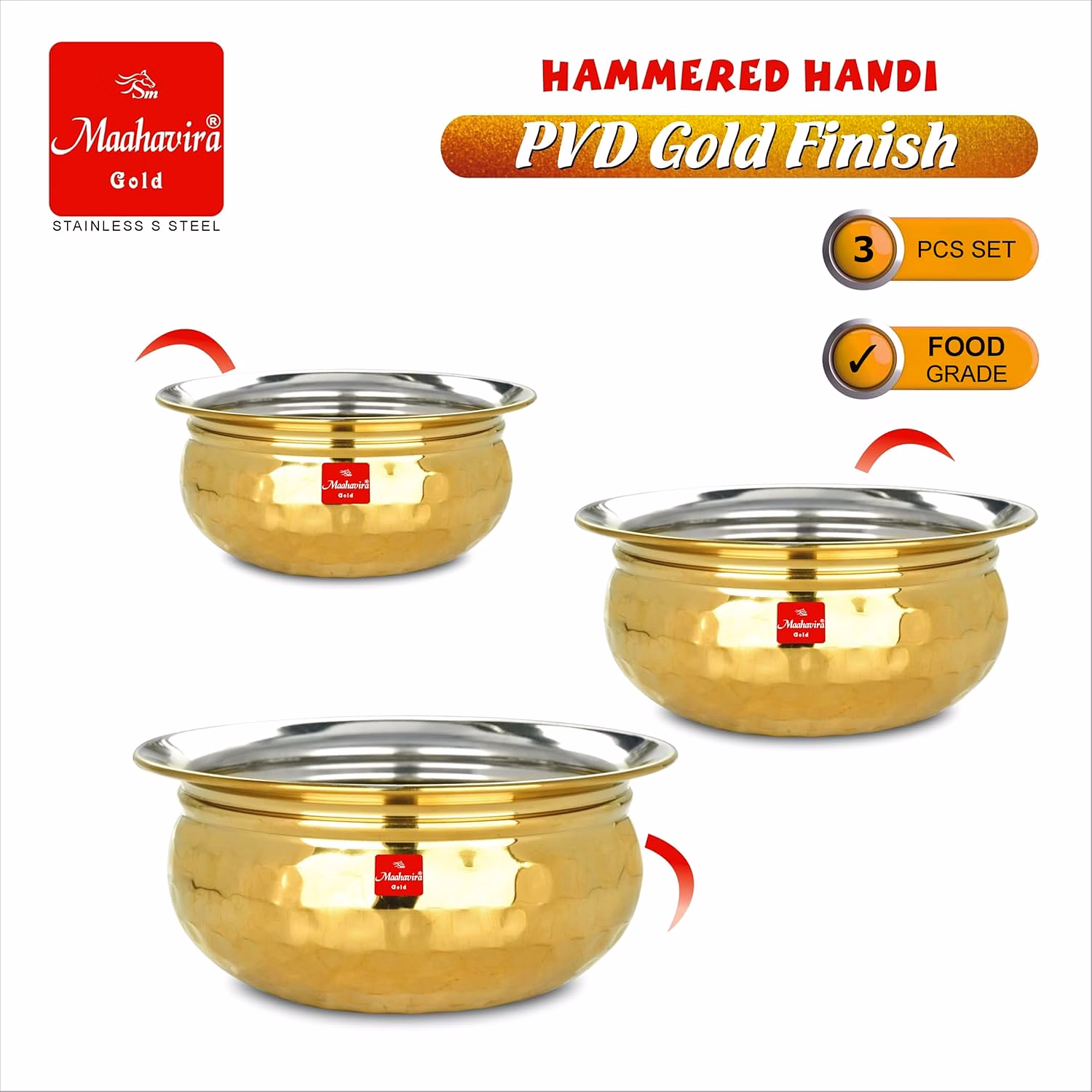 Maahavira Gold Hammered Handi Set, Stainless Steel with PVD Gold Finish | 450ml, 650ml & 750ml | Food Grade, BPA Free | 3 Piece Serving Bowl Set image 6