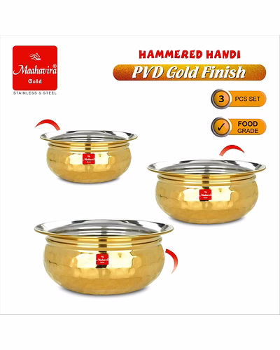 Maahavira Gold Hammered Handi Set, Stainless Steel with PVD Gold Finish | 450ml, 650ml &amp; 750ml | Food Grade, BPA Free | 3 Piece Serving Bowl Set-5