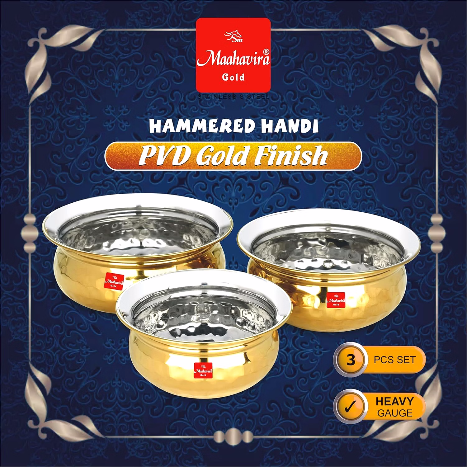 Maahavira Gold Hammered Handi Set, Stainless Steel with PVD Gold Finish | 450ml, 650ml & 750ml | Food Grade, BPA Free | 3 Piece Serving Bowl Set image 7