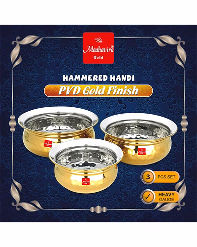 Maahavira Gold Hammered Handi Set, Stainless Steel with PVD Gold Finish | 450ml, 650ml &amp; 750ml | Food Grade, BPA Free | 3 Piece Serving Bowl Set-6