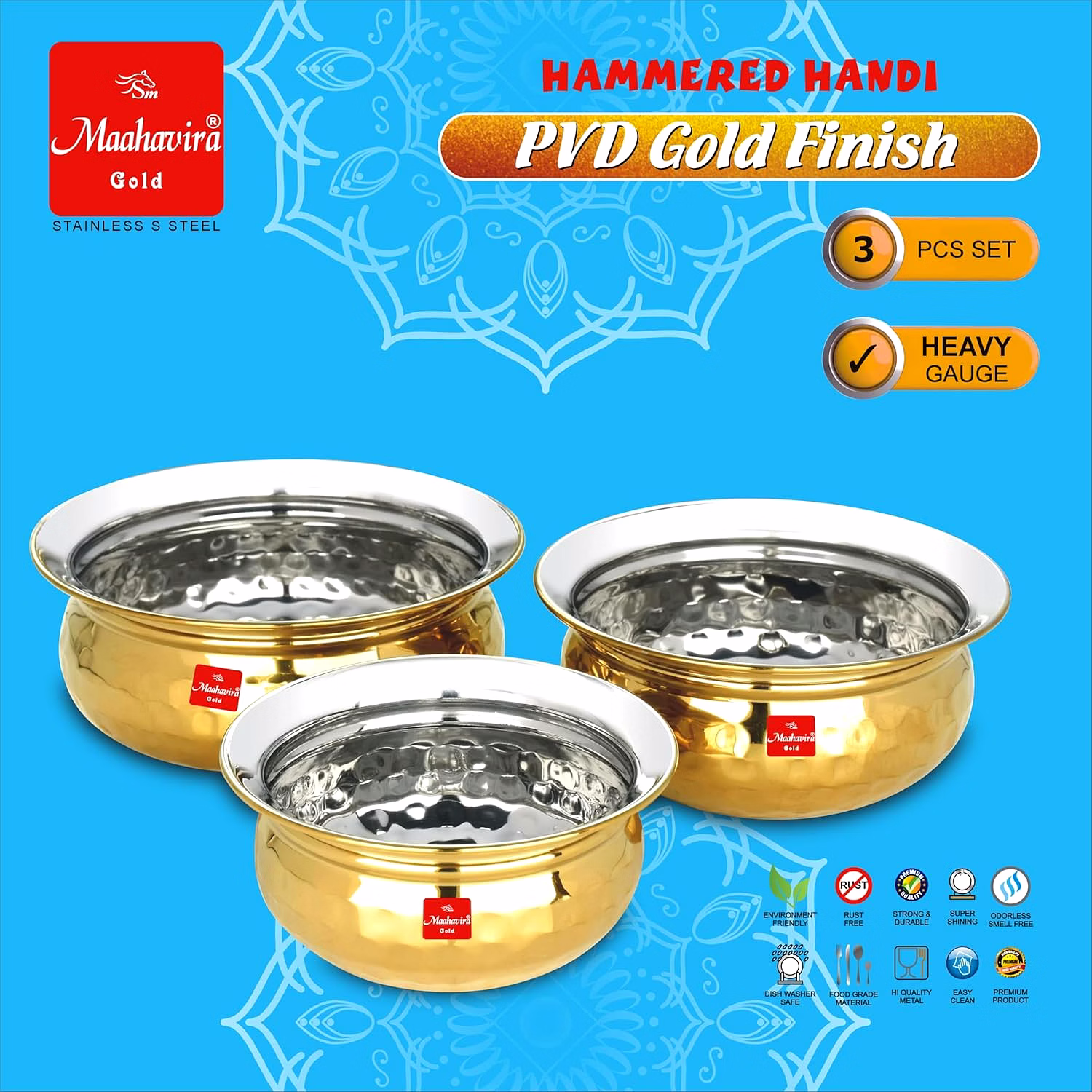 Maahavira Gold Hammered Handi Set, Stainless Steel with PVD Gold Finish | 450ml, 650ml & 750ml | Food Grade, BPA Free | 3 Piece Serving Bowl Set image 8