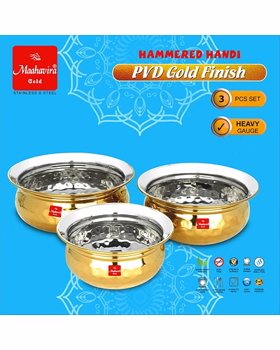 Maahavira Gold Hammered Handi Set, Stainless Steel with PVD Gold Finish | 450ml, 650ml &amp; 750ml | Food Grade, BPA Free | 3 Piece Serving Bowl Set-7