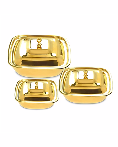 Maahavira Gold Stainless Steel Square Bowl Set with Lid | PVD Gold Finish | 16 Gauge | 3 Pieces (500 ml, 750 ml &amp; 1000 ml) | BPA Free Storage Bowls-SJMT-SBSPG3