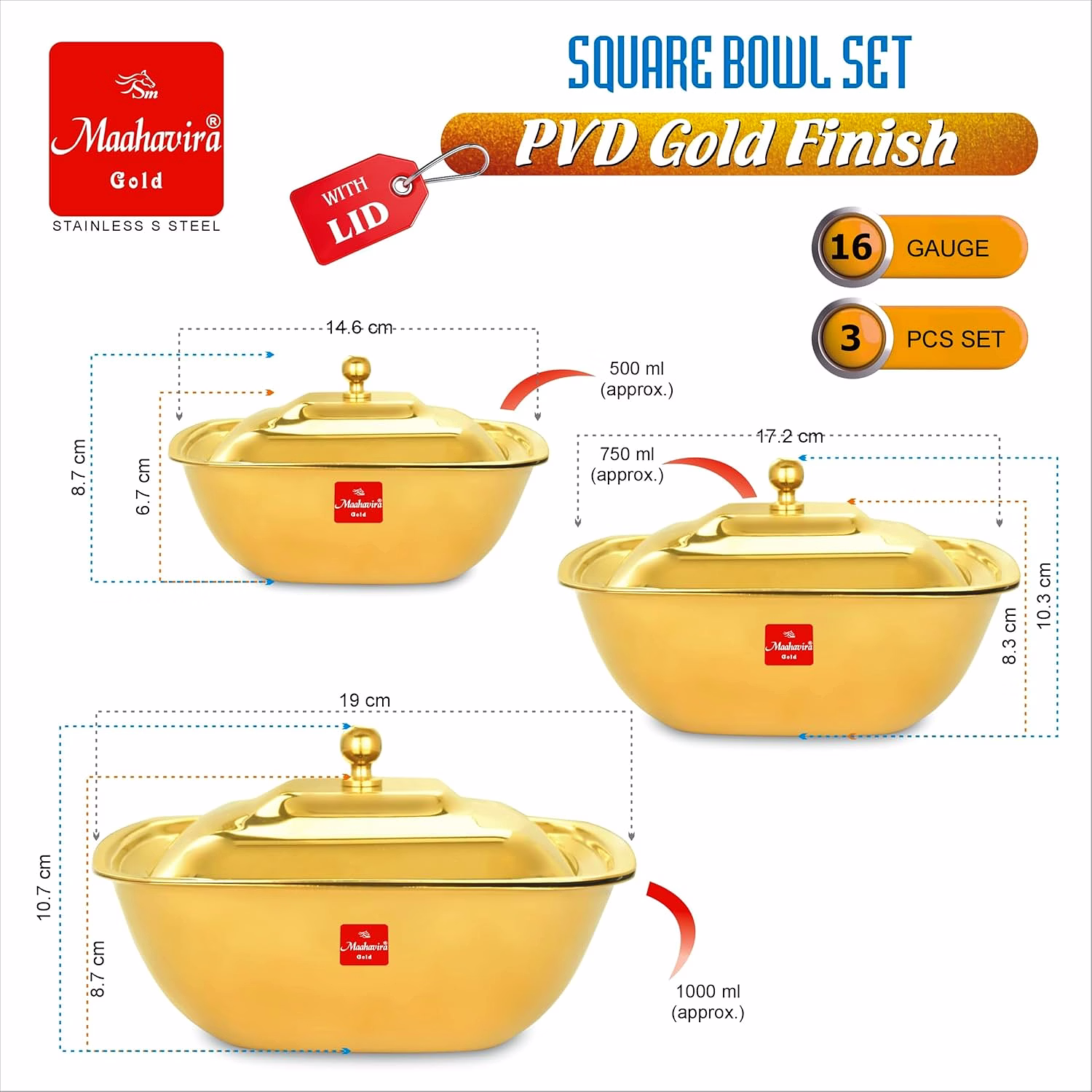 Maahavira Gold Stainless Steel Square Bowl Set with Lid | PVD Gold Finish | 16 Gauge | 3 Pieces (500 ml, 750 ml & 1000 ml) | BPA Free Storage Bowls image 2