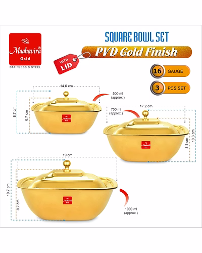 Maahavira Gold Stainless Steel Square Bowl Set with Lid | PVD Gold Finish | 16 Gauge | 3 Pieces (500 ml, 750 ml &amp; 1000 ml) | BPA Free Storage Bowls-1