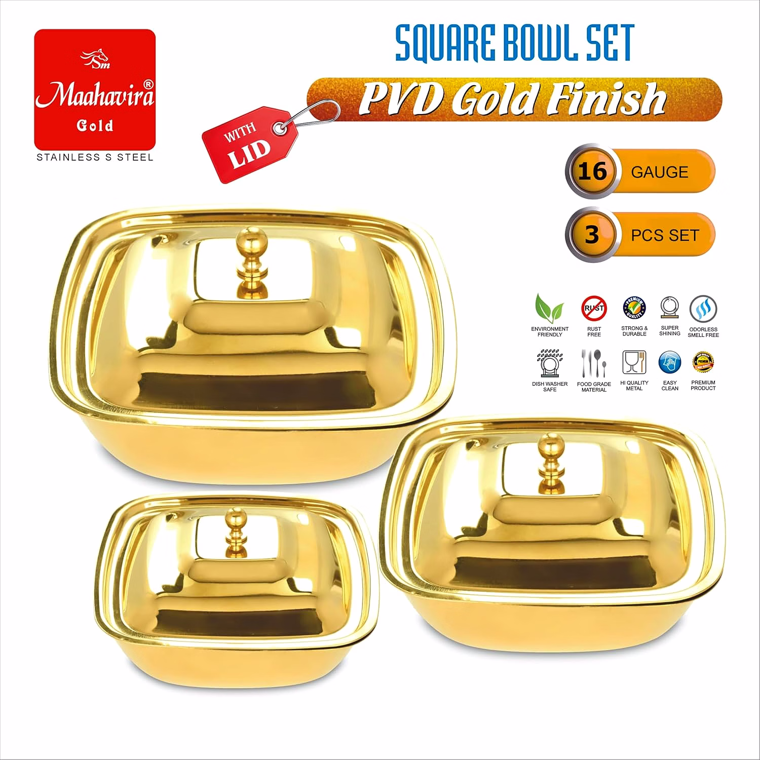 Maahavira Gold Stainless Steel Square Bowl Set with Lid | PVD Gold Finish | 16 Gauge | 3 Pieces (500 ml, 750 ml & 1000 ml) | BPA Free Storage Bowls image 3
