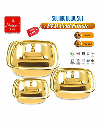 Maahavira Gold Stainless Steel Square Bowl Set with Lid | PVD Gold Finish | 16 Gauge | 3 Pieces (500 ml, 750 ml &amp; 1000 ml) | BPA Free Storage Bowls-2