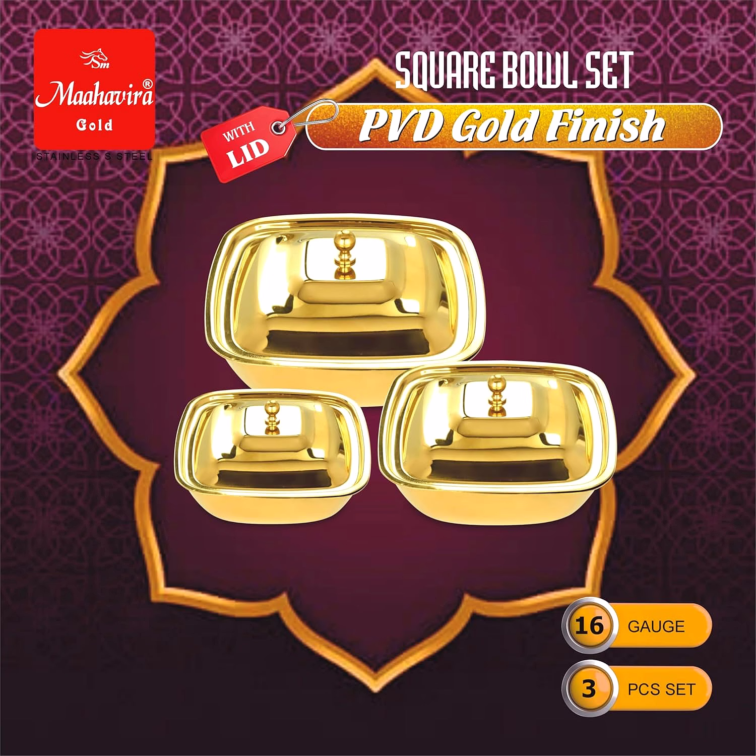 Maahavira Gold Stainless Steel Square Bowl Set with Lid | PVD Gold Finish | 16 Gauge | 3 Pieces (500 ml, 750 ml & 1000 ml) | BPA Free Storage Bowls image 4