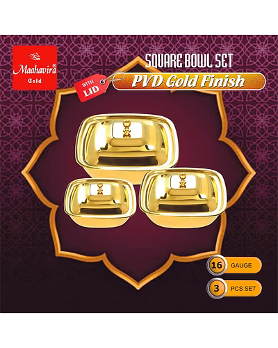 Maahavira Gold Stainless Steel Square Bowl Set with Lid | PVD Gold Finish | 16 Gauge | 3 Pieces (500 ml, 750 ml &amp; 1000 ml) | BPA Free Storage Bowls-3