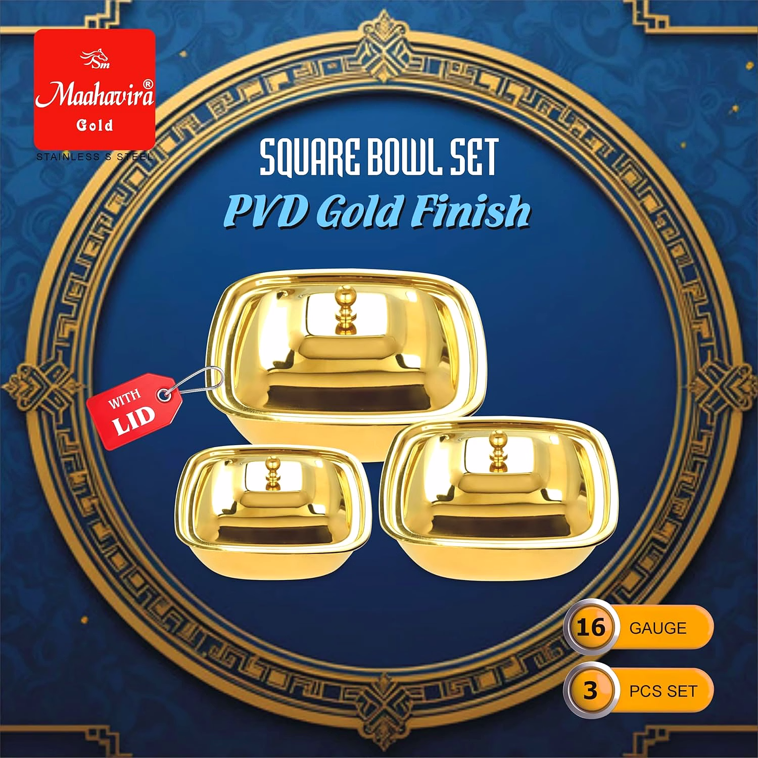 Maahavira Gold Stainless Steel Square Bowl Set with Lid | PVD Gold Finish | 16 Gauge | 3 Pieces (500 ml, 750 ml & 1000 ml) | BPA Free Storage Bowls image 5