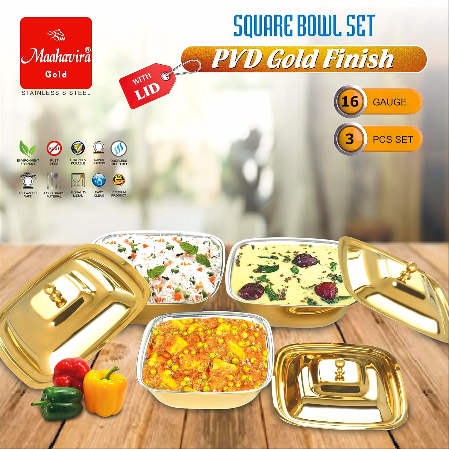 Maahavira Gold Stainless Steel Square Bowl Set with Lid | PVD Gold Finish | 16 Gauge | 3 Pieces (500 ml, 750 ml & 1000 ml) | BPA Free Storage Bowls image 7