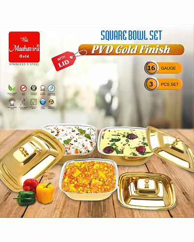 Maahavira Gold Stainless Steel Square Bowl Set with Lid | PVD Gold Finish | 16 Gauge | 3 Pieces (500 ml, 750 ml &amp; 1000 ml) | BPA Free Storage Bowls-6