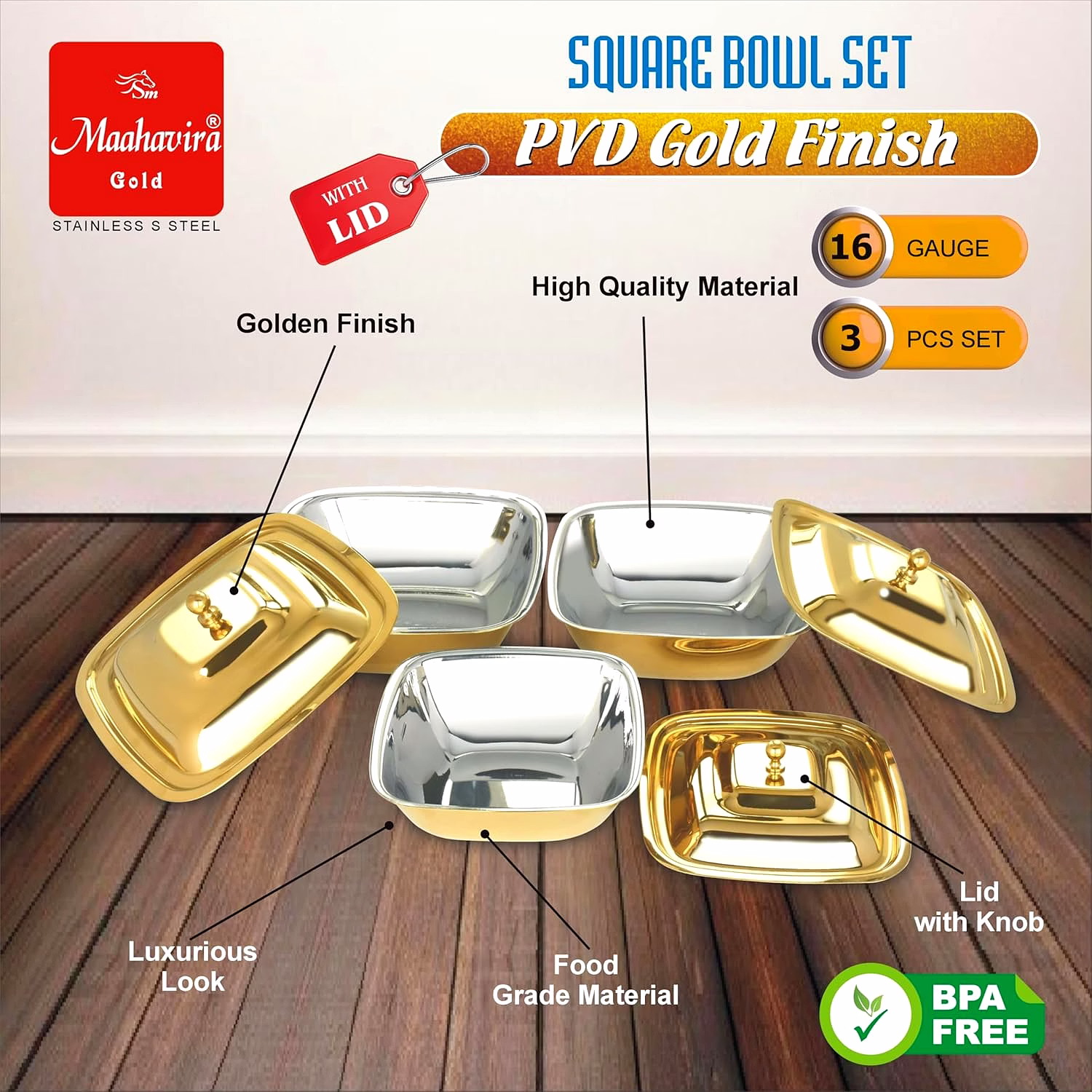 Maahavira Gold Stainless Steel Square Bowl Set with Lid | PVD Gold Finish | 16 Gauge | 3 Pieces (500 ml, 750 ml & 1000 ml) | BPA Free Storage Bowls image 8
