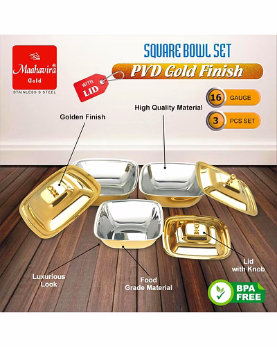 Maahavira Gold Stainless Steel Square Bowl Set with Lid | PVD Gold Finish | 16 Gauge | 3 Pieces (500 ml, 750 ml &amp; 1000 ml) | BPA Free Storage Bowls-7