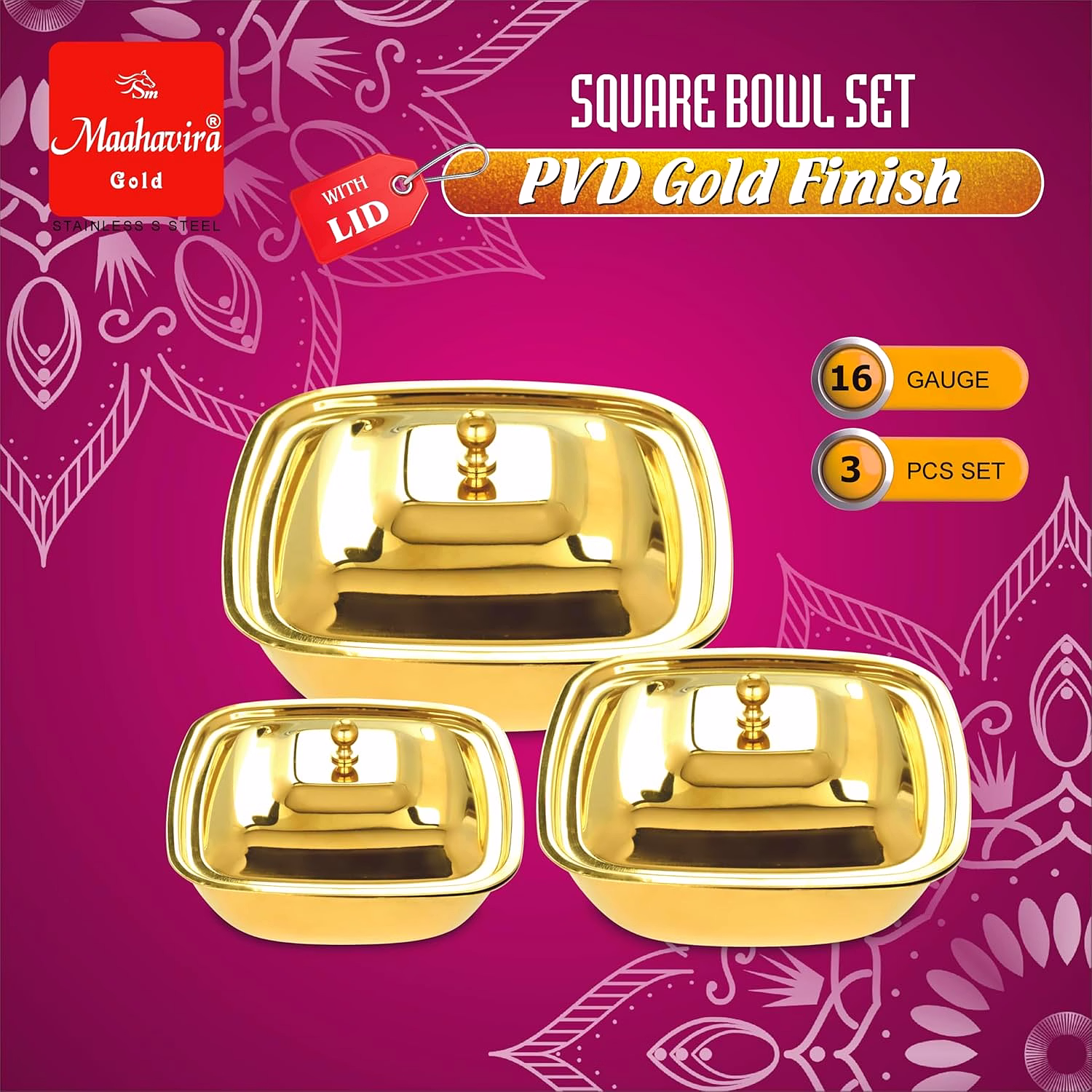 Maahavira Gold Stainless Steel Square Bowl Set with Lid | PVD Gold Finish | 16 Gauge | 3 Pieces (500 ml, 750 ml & 1000 ml) | BPA Free Storage Bowls image 9
