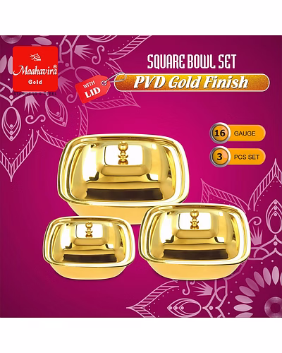 Maahavira Gold Stainless Steel Square Bowl Set with Lid | PVD Gold Finish | 16 Gauge | 3 Pieces (500 ml, 750 ml &amp; 1000 ml) | BPA Free Storage Bowls-8