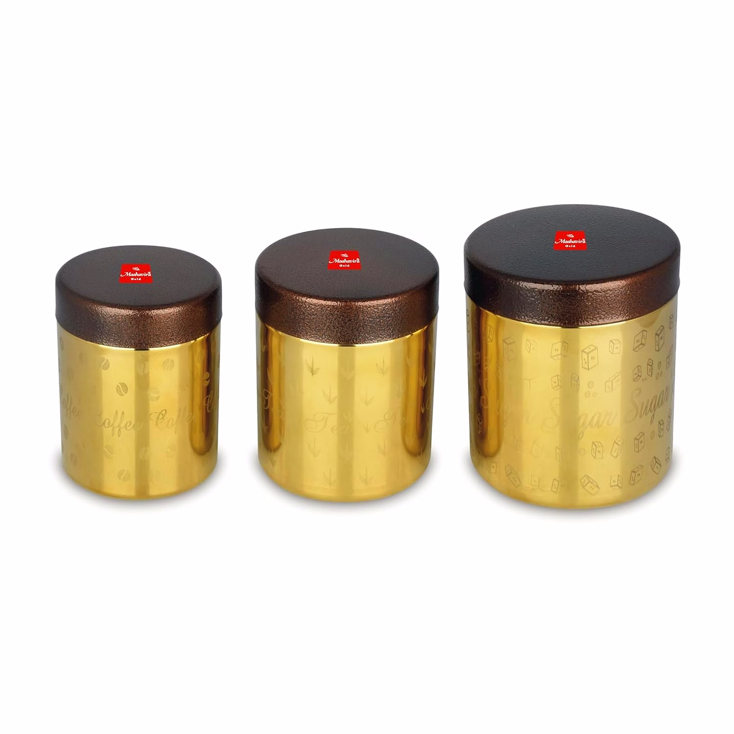 maahavira gold 3d gold laser tcs pvd lamistek canister set | stainless steel storage containers | 3 pieces (350 ml, 450 ml & 650 ml) | gold finish