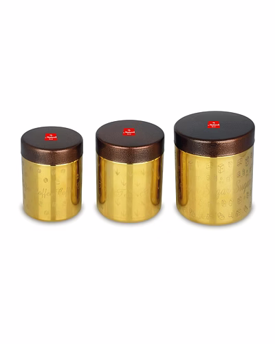 Maahavira Gold 3D Gold Laser TCS PVD Lamistek Canister Set | Stainless Steel Storage Containers | 3 Pieces (350 ml, 450 ml &amp; 650 ml) | Gold Finish-SJMT-GLTSPV