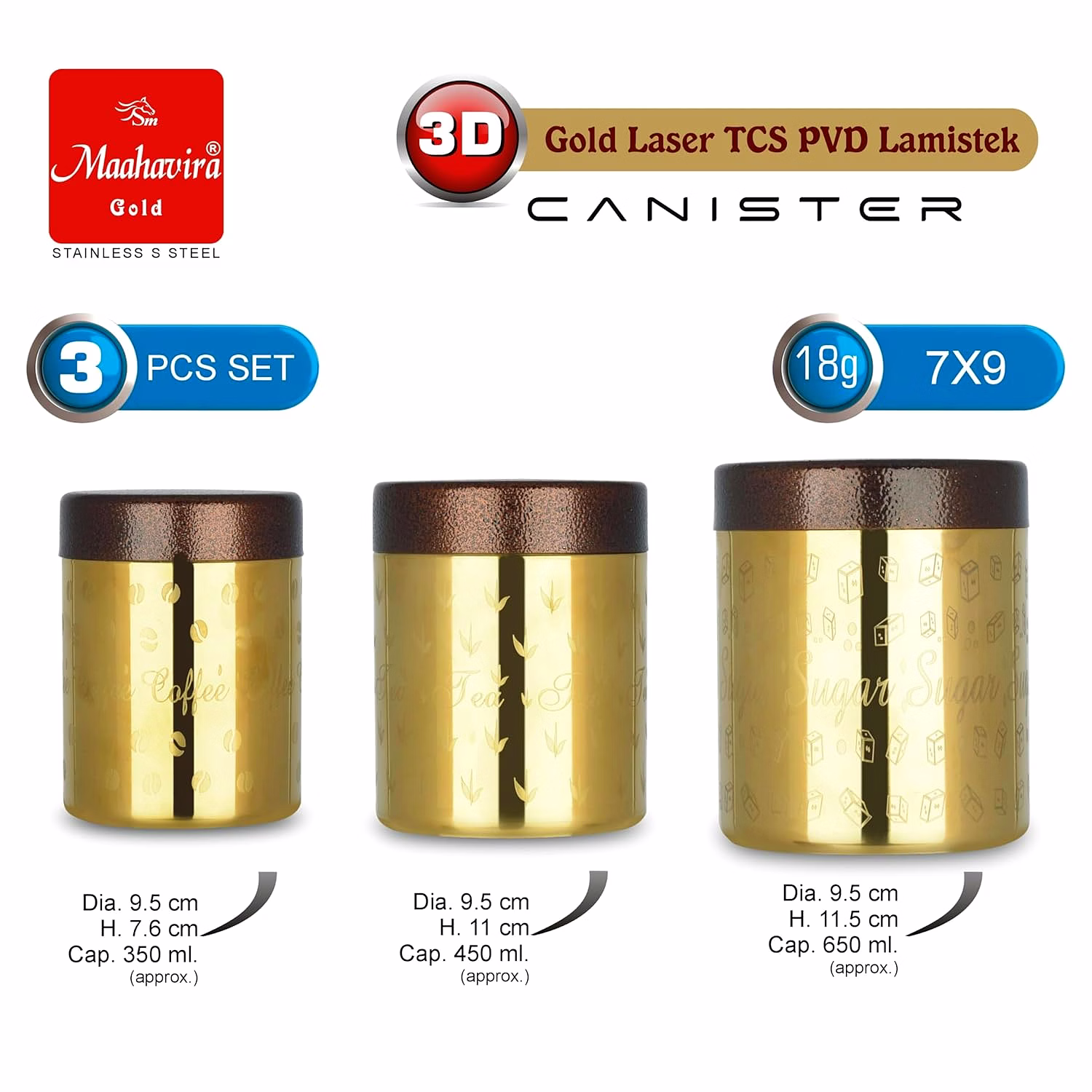 Maahavira Gold 3D Gold Laser TCS PVD Lamistek Canister Set | Stainless Steel Storage Containers | 3 Pieces (350 ml, 450 ml & 650 ml) | Gold Finish image 2
