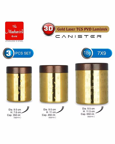 Maahavira Gold 3D Gold Laser TCS PVD Lamistek Canister Set | Stainless Steel Storage Containers | 3 Pieces (350 ml, 450 ml &amp; 650 ml) | Gold Finish-1