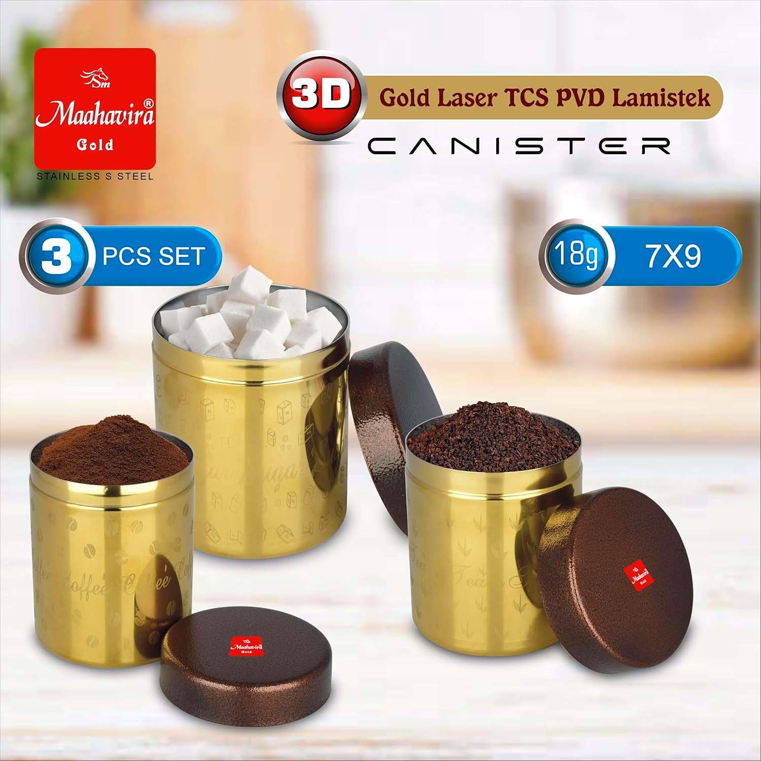 Maahavira Gold 3D Gold Laser TCS PVD Lamistek Canister Set | Stainless Steel Storage Containers | 3 Pieces (350 ml, 450 ml & 650 ml) | Gold Finish image 3