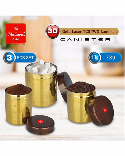 Maahavira Gold 3D Gold Laser TCS PVD Lamistek Canister Set | Stainless Steel Storage Containers | 3 Pieces (350 ml, 450 ml &amp; 650 ml) | Gold Finish-2