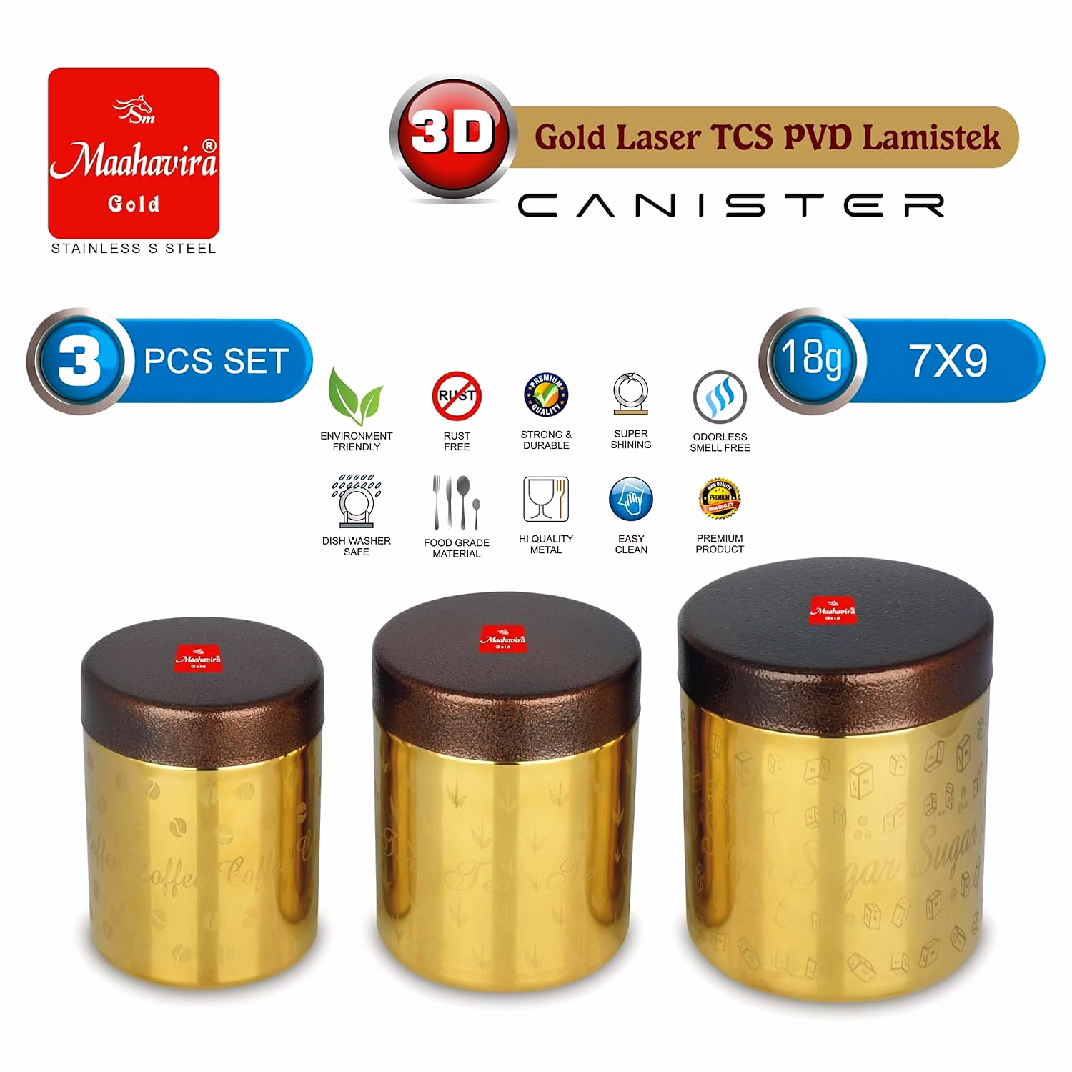 Maahavira Gold 3D Gold Laser TCS PVD Lamistek Canister Set | Stainless Steel Storage Containers | 3 Pieces (350 ml, 450 ml & 650 ml) | Gold Finish image 4