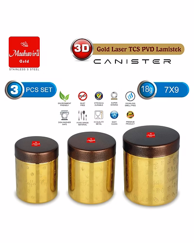 Maahavira Gold 3D Gold Laser TCS PVD Lamistek Canister Set | Stainless Steel Storage Containers | 3 Pieces (350 ml, 450 ml &amp; 650 ml) | Gold Finish-3