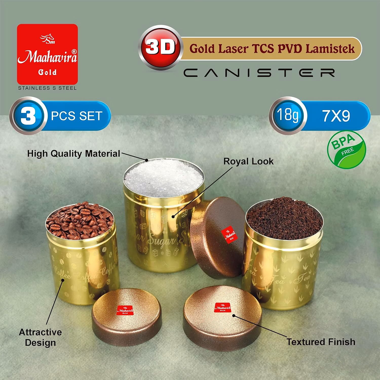 Maahavira Gold 3D Gold Laser TCS PVD Lamistek Canister Set | Stainless Steel Storage Containers | 3 Pieces (350 ml, 450 ml & 650 ml) | Gold Finish image 5