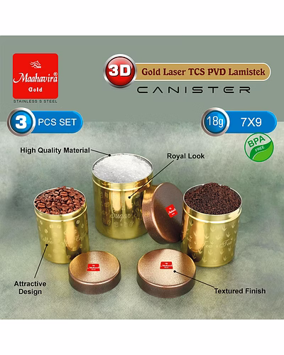 Maahavira Gold 3D Gold Laser TCS PVD Lamistek Canister Set | Stainless Steel Storage Containers | 3 Pieces (350 ml, 450 ml &amp; 650 ml) | Gold Finish-4