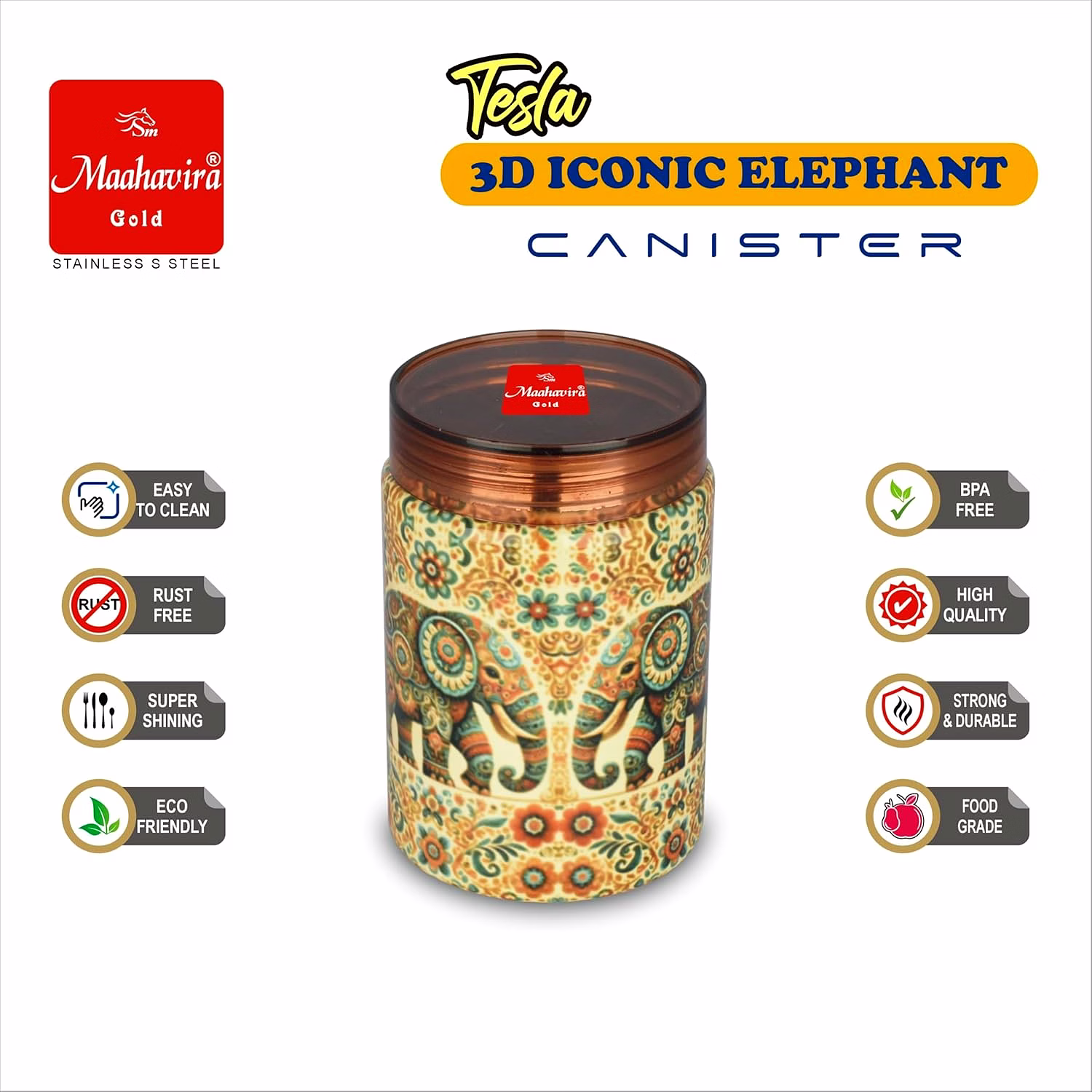 Maahavira Gold Tesla 3D Iconic Elephant Canister (500 ml) | Stainless Steel Storage Jar with Copper Finish Lid | Food Grade | Decorative Kitchen Container image 2