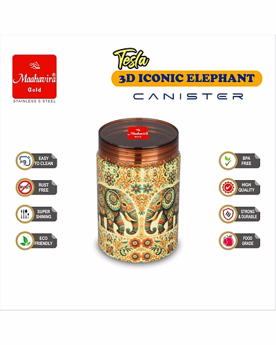 Maahavira Gold Tesla 3D Iconic Elephant Canister (500 ml) | Stainless Steel Storage Jar with Copper Finish Lid | Food Grade | Decorative Kitchen Container-1