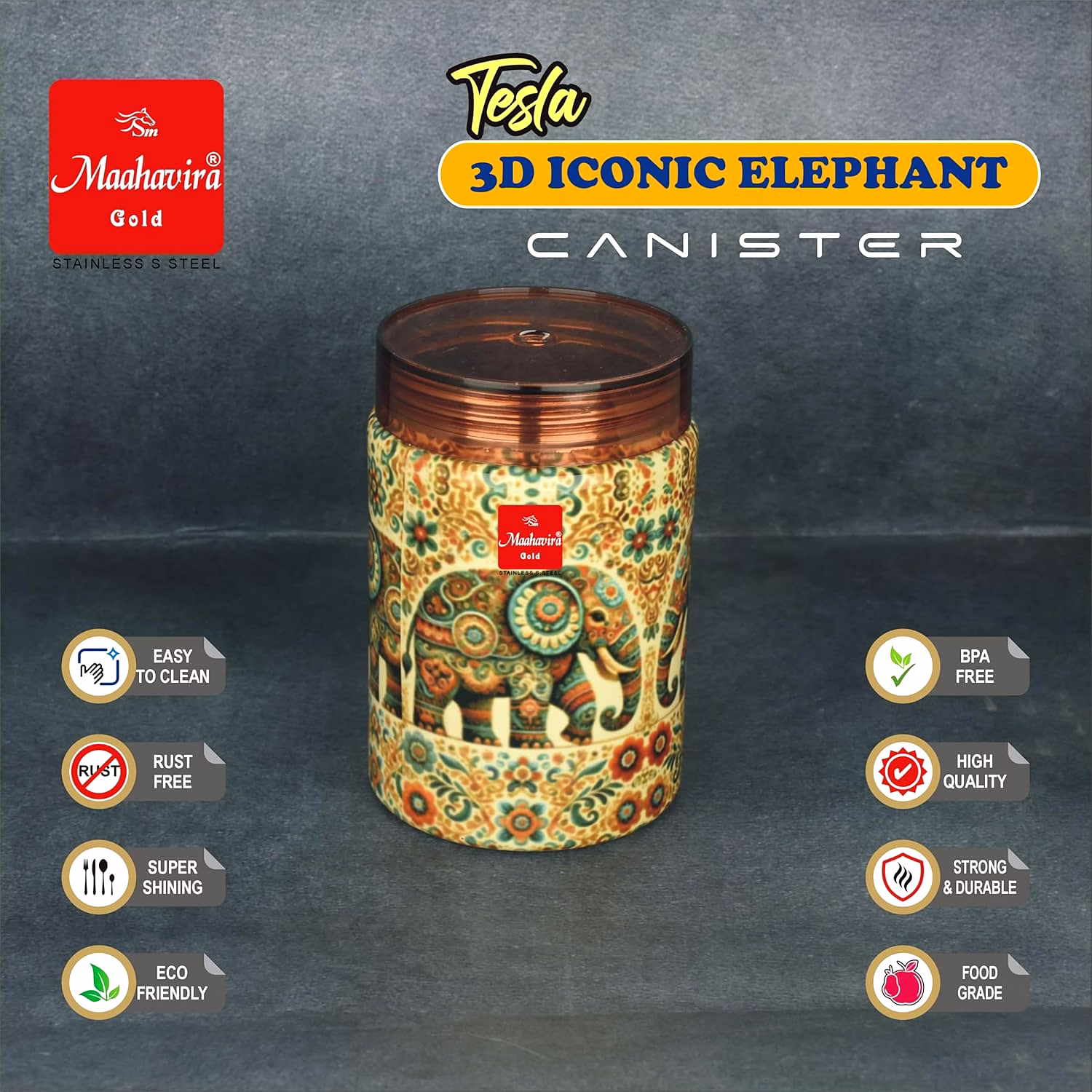 Maahavira Gold Tesla 3D Iconic Elephant Canister (500 ml) | Stainless Steel Storage Jar with Copper Finish Lid | Food Grade | Decorative Kitchen Container image 3