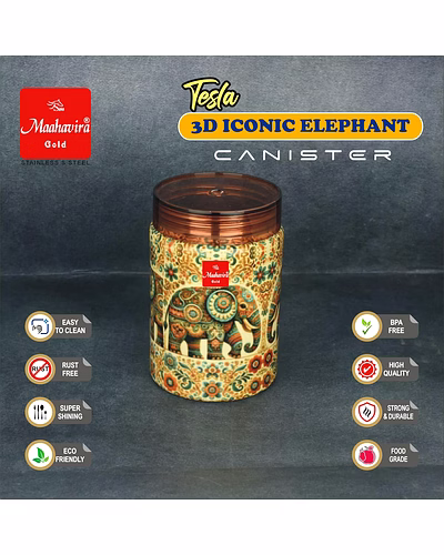Maahavira Gold Tesla 3D Iconic Elephant Canister (500 ml) | Stainless Steel Storage Jar with Copper Finish Lid | Food Grade | Decorative Kitchen Container-2