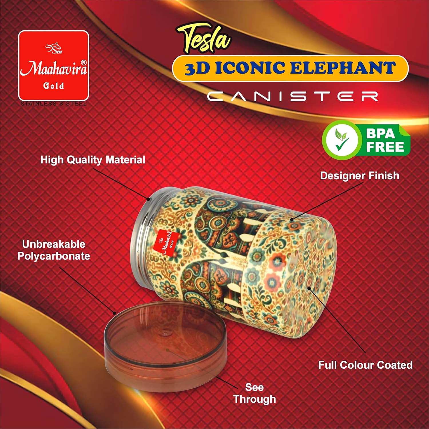 Maahavira Gold Tesla 3D Iconic Elephant Canister (500 ml) | Stainless Steel Storage Jar with Copper Finish Lid | Food Grade | Decorative Kitchen Container image 4