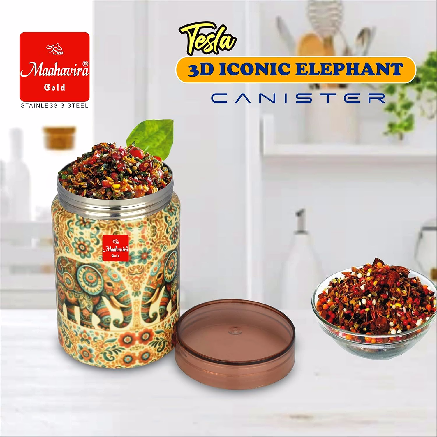 Maahavira Gold Tesla 3D Iconic Elephant Canister (500 ml) | Stainless Steel Storage Jar with Copper Finish Lid | Food Grade | Decorative Kitchen Container image 5