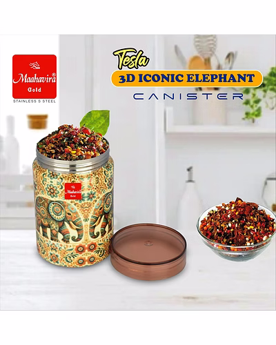 Maahavira Gold Tesla 3D Iconic Elephant Canister (500 ml) | Stainless Steel Storage Jar with Copper Finish Lid | Food Grade | Decorative Kitchen Container-4