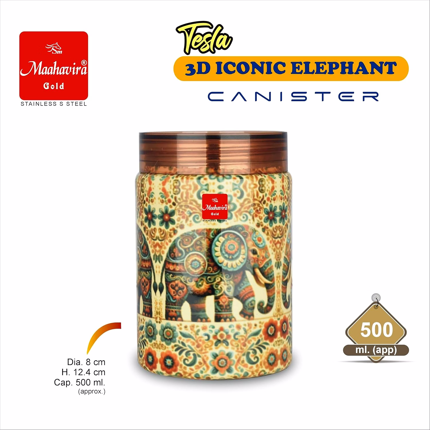 Maahavira Gold Tesla 3D Iconic Elephant Canister (500 ml) | Stainless Steel Storage Jar with Copper Finish Lid | Food Grade | Decorative Kitchen Container image 6